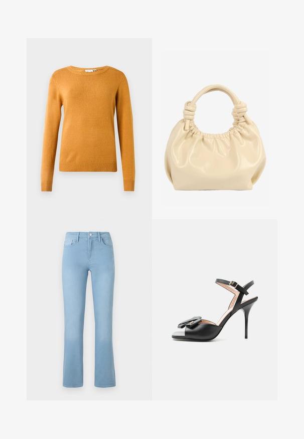 Senfgelbes Sweatshirt, weicher Strickstoff, Rundhalsausschnitt, lange Ärmel, gerippter Saum und Bündchen, leichtes Design ohne Muster oder Akzente.; Helle blaue Schlagjeans aus Denim mit hoher Taille, Fünf-Taschen-Design und einem Knopfverschluss an der Vorderseite. Glatte Textur durchgehend.; Schwarze High-Heel-Sandale mit Knöchelriemen, offenem Zehenbereich und dekorativer Schleife mit goldfarbenem Akzent auf schlichtem Hintergrund.; Cremefarbene Handtasche aus weichem Leder mit gerafftem Oberteil und geknoteten doppelten Griffen vor weißem Hintergrund.