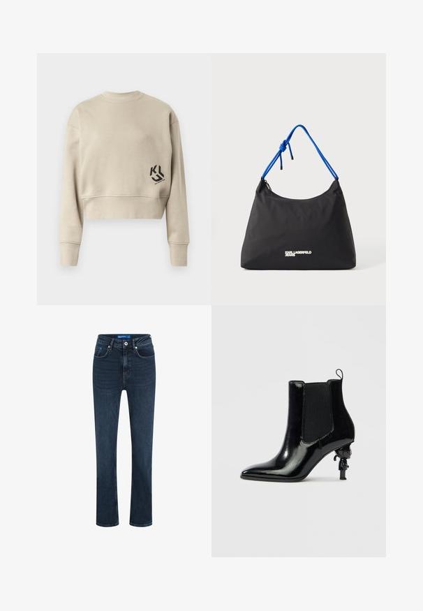 Afkortet sweatshirt i lys beige stof. Har lange ærmer, rund halsudskæring, og et sort logo trykt på nederste venstre side.; Mørk tvæt denim jeans med et lige ben-design, fem-lomme stil, knaplukning og kontrasterende syninger. Bomuldsstof med let tekstur.; Sort ankelstøvle i laklæder med elastiske sidepaneler, spids tå og en unik skulpturel hældesign med en lille figur.; Sort nylon taske med afrundet form, blå snøre-håndtag og sølv logo detaljer. Glat tekstur og lynlås lukning.