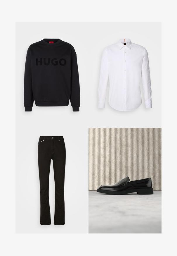 Zwarte sweatshirt van zacht materiaal, met een ronde halslijn en lange mouwen. Het woord "HUGO" is prominent weergegeven in een glanzend zwart lettertype.; Witte langwerpige overhemd met lange mouwen van katoen, met een klassieke kraag, een subtiel logo dicht bij de borst en witte knopen.; Zwarte denim jeans met een recht model, voorzien van voorzakken, een rits en zilveren hardware accenten. Soepele textuur, zonder patronen.; Zwarte gepolijste leren loafer die boven een beige tapijt zweeft met oranje doorschijnend meubilair op de achtergrond.