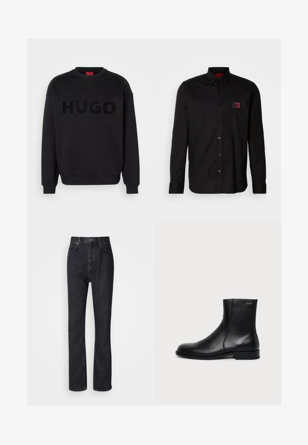 Sudadera negra hecha de material suave, con un escote redondo y mangas largas. La palabra "HUGO" está mostrada de manera prominente en una fuente negra brillante.; Camisa negra de manga larga hecha de tela suave, con cierre de botones, cuello clásico y un pequeño parche de marca en rojo en el pecho.; Jeans de mezclilla negros de cintura alta con cierre de botón y cremallera, bolsillos frontales y traseros, y corte recto.; HUGO THORTON - Botines - black