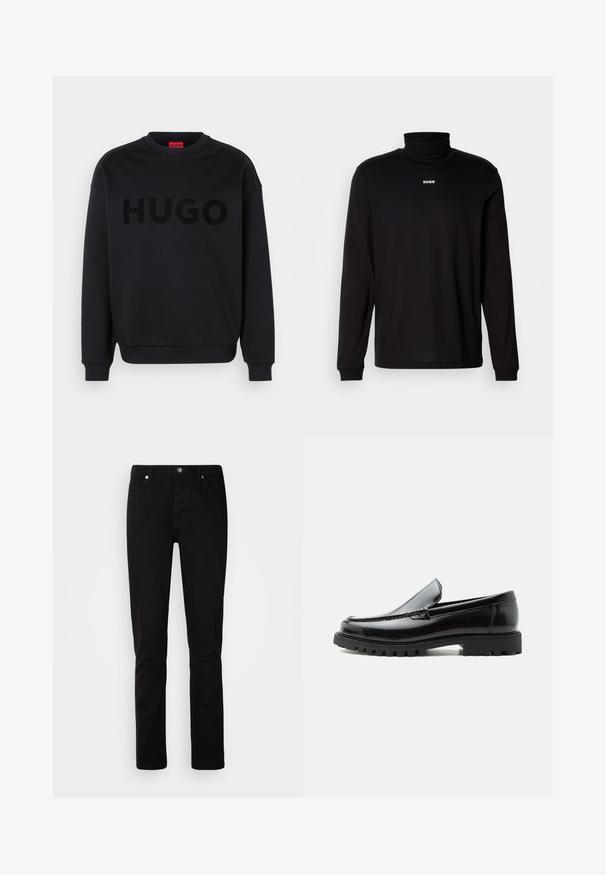 Zwarte sweatshirt van zacht materiaal, met een ronde halslijn en lange mouwen. Het woord "HUGO" is prominent weergegeven in een glanzend zwart lettertype.; Zwarte turtleneckshirt met lange mouwen, gemaakt van soepel materiaal, met een witte "HUGO" logo op de borst, en met aansluitende manchetten en zoom.; Zwarte rechtvallende spijkerbroek met knoop- en ritssluiting aan de voorkant, voor- en achterzakken, getoond op een effen lichte achtergrond.; Zwarte leren loafer met dikke rubberen zool, gestikte bovenkant en gegraveerde merknaam op de hiel, zijaanzicht op witte achtergrond.
