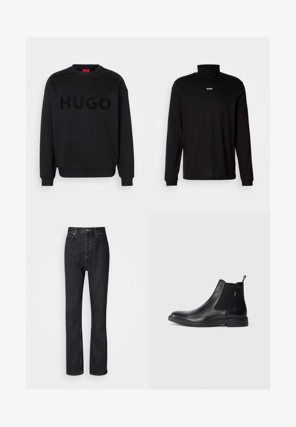 Sudadera negra hecha de material suave, con un escote redondo y mangas largas. La palabra "HUGO" está mostrada de manera prominente en una fuente negra brillante.; Camisa de cuello alto negra de manga larga hecha de un tejido suave, con el logo blanco "HUGO" en el pecho, con puños y dobladillo ajustados.; Jeans de mezclilla negros de cintura alta con cierre de botón y cremallera, bolsillos frontales y traseros, y corte recto.; Botines Chelsea de cuero negro con paneles elásticos laterales, una pestaña para tirar y una suela de goma plana. Textura suave con un detalle mínimo.