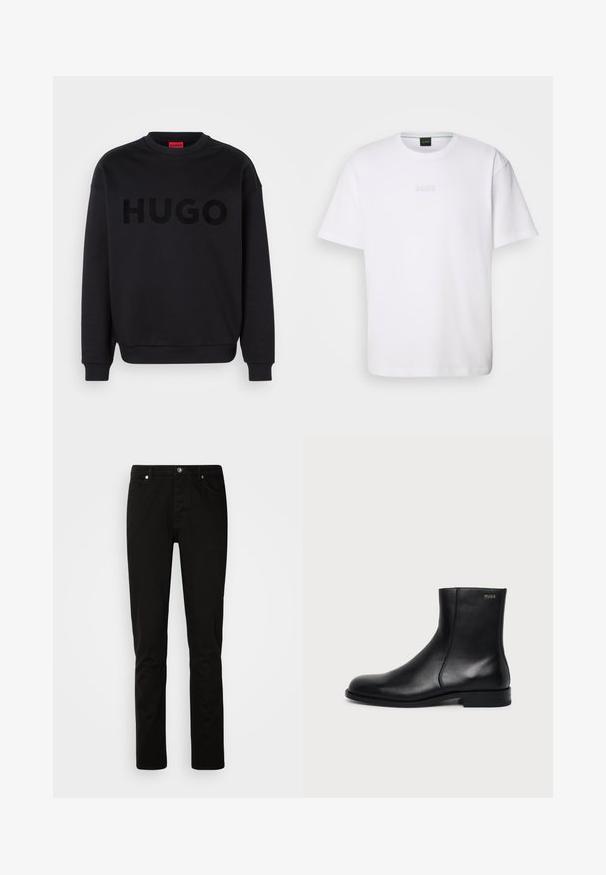 Schwarzer Pullover aus weichem Material mit rundem Ausschnitt und langen Ärmeln. Das Wort "HUGO" ist auffällig in glanzschwarzer Schrift dargestellt.; Weißes Baumwoll-T-Shirt mit kurzen Ärmeln, rundem Ausschnitt und geprägtem "BOSS"-Logo auf der Brust. Glatte Textur, normale Passform.; Schwarze Jeans mit geradem Bein, vorne mit Knopf- und Reißverschluss, Vorder- und Gesäßtaschen, dargestellt vor einem schlichten hellen Hintergrund.; Schwarzer Leder-Knöchelstiefel mit niedrigem Absatz, seitlicher Naht und kleinem "HUGO" Logo am oberen Schaft vor einfarbigem Hintergrund.