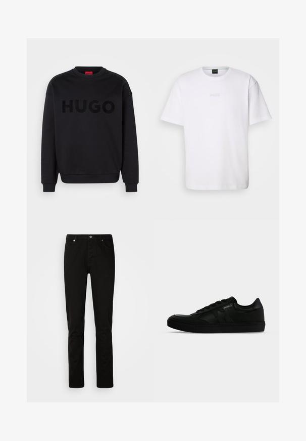 Zwarte sweatshirt van zacht materiaal, met een ronde halslijn en lange mouwen. Het woord "HUGO" is prominent weergegeven in een glanzend zwart lettertype.; Witte katoenen T-shirt met korte mouwen, ronde halslijn en reliëf 'BOSS' logo op de borst. Veilig textuur, standaard pasvorm.; Zwarte rechtvallende spijkerbroek met knoop- en ritssluiting aan de voorkant, voor- en achterzakken, getoond op een effen lichte achtergrond.; Zwarte lage sneaker met veters aan de voorkant, geperste zijdetails en het "HUGO"-logo op het bovenste zijpaneel.