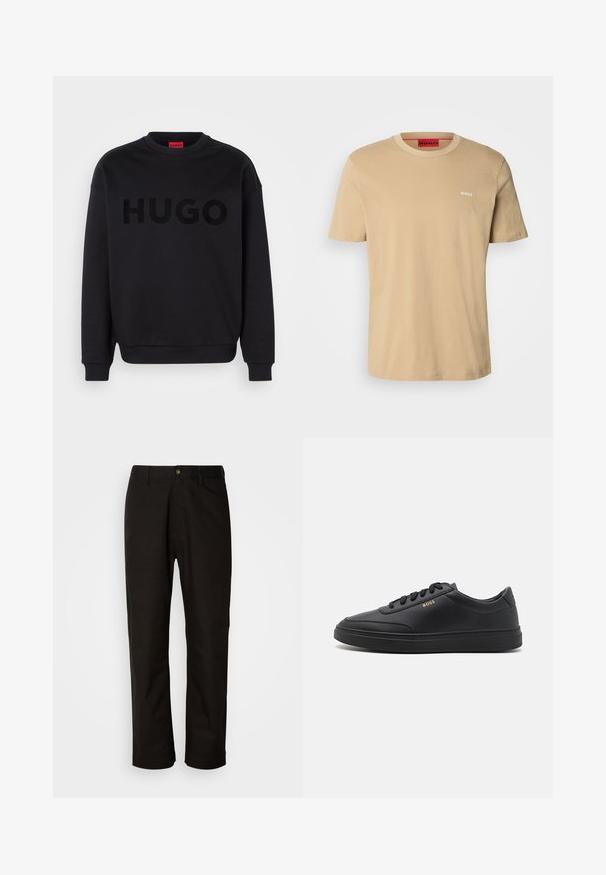 Sudadera negra hecha de material suave, con un escote redondo y mangas largas. La palabra "HUGO" está mostrada de manera prominente en una fuente negra brillante.; Camiseta de algodón beige con cuello redondo, mangas cortas y un pequeño logo blanco "HUGO" en el pecho. Textura suave sin patrones.; Pantalones de algodón negros con corte recto, presillas para el cinturón, cremallera frontal y un solo botón de cierre. Textura suave sin patrones visibles.; Zapatillas de cuero negro con una textura suave, punta redondeada, suela plana de goma y cordones a tono. Presentan el logotipo dorado "BOSS" en el lateral.
