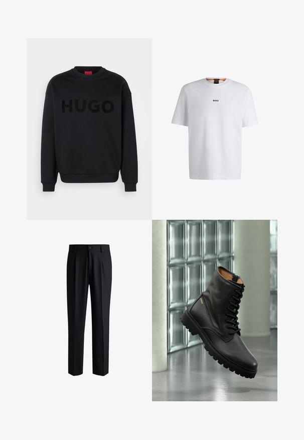 Schwarzer Pullover aus weichem Material mit rundem Ausschnitt und langen Ärmeln. Das Wort "HUGO" ist auffällig in glanzschwarzer Schrift dargestellt.; Weißes Baumwoll-T-Shirt mit kurzen Ärmeln, ausgestattet mit einem schwarzen "BOSS"-Logo, das mittig auf der Brust platziert ist, und einem runden Halsausschnitt.; Schwarze Hose aus glattem Stoff, mit geradem Bein-Design, Falten vorne und einem Knopfverschluss mit Gürtelschlaufen.; Schwarzer Leder-Schnürkampfstiefel mit dicker Sohle, goldenem "HUGO"-Logo an der Seite, präsentiert in modernem Innenraum mit Glasbausteinwand im Hintergrund.
