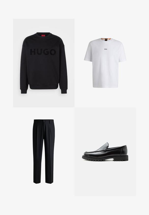 Zwarte sweatshirt van zacht materiaal, met een ronde halslijn en lange mouwen. Het woord "HUGO" is prominent weergegeven in een glanzend zwart lettertype.; Witte katoenen T-shirt met korte mouwen, voorzien van een zwart "BOSS"-logo in het midden van de borst en een ronde halsontwerp.; Zwarte broek van gladde stof, met een rechte pijpdesign, plooien aan de voorkant en een knoopsluiting met riemlussen.; Zwarte leren loafer met dikke rubberen zool, gestikte bovenkant en gegraveerde merknaam op de hiel, zijaanzicht op witte achtergrond.