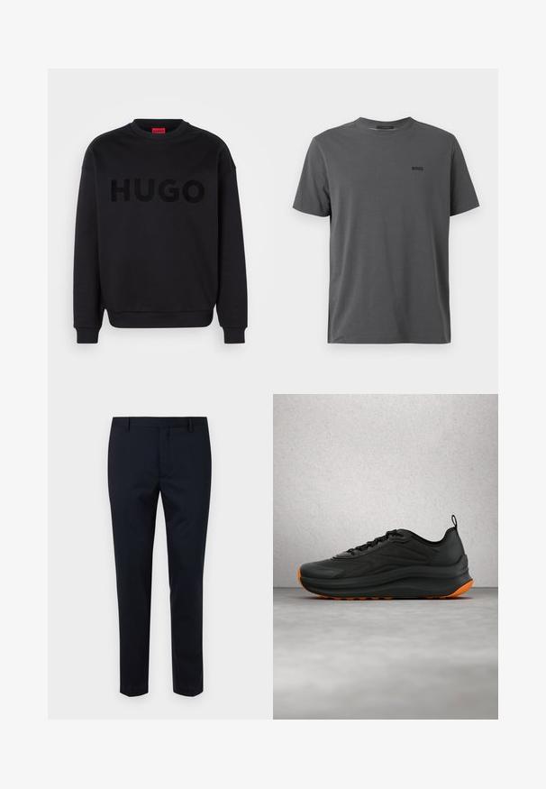 Zwarte sweatshirt van zacht materiaal, met een ronde halslijn en lange mouwen. Het woord "HUGO" is prominent weergegeven in een glanzend zwart lettertype.; Donkergrijs T-shirt met korte mouwen en een ronde hals, met het "BOSS"-logo op de linkerborst, afgebeeld op een witte achtergrond.; Donker marineblauwe op maat gemaakte broeken van een gladde stof, met een platte voorkant, riemlussen en een slim-fit ontwerp. Geen zichtbare patronen of accenten.; Zwarte sportieve sneaker met oranje accenten zweeft boven een gepolijste grijze vloer in een moderne binnenruimte met glasblokken.