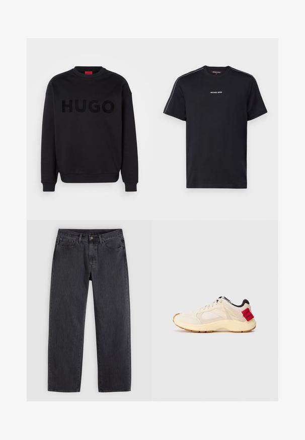 Zwarte sweatshirt van zacht materiaal, met een ronde halslijn en lange mouwen. Het woord "HUGO" is prominent weergegeven in een glanzend zwart lettertype.; Zwarte katoenen t-shirt met korte mouwen, een ronde hals en witte "MICHAEL KORS" tekst op de borst met contrasterende zijstrepen.; Zwarte spijkerbroeken met verticale strepen en een rechte pasvorm, gemaakt van denim, met een knoopsluiting aan de voorkant en vijf zakken.; Beige sportieve schoenen met gaaspanelen, zwarte accenten en een rode label met "HUGO." Dikke zool met een gestructureerd profiel; modern design.