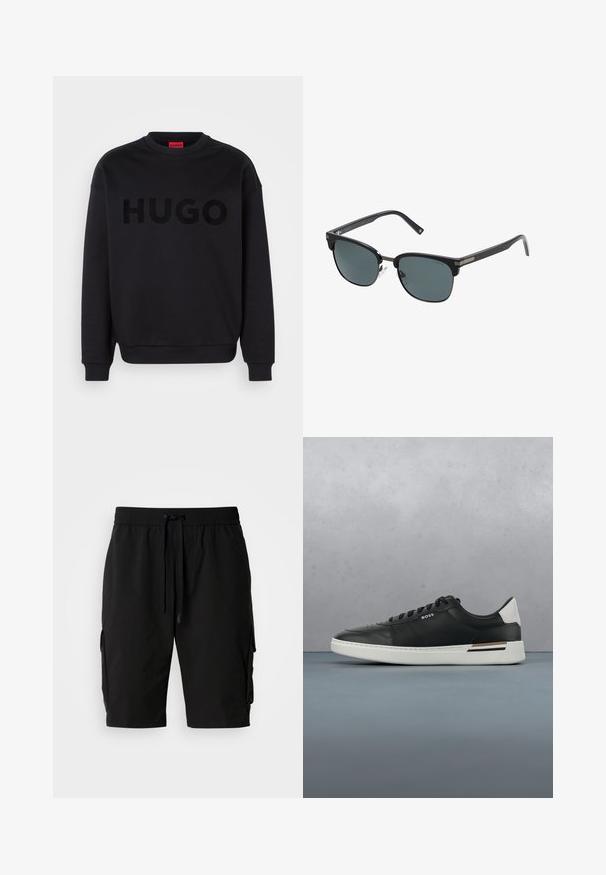 Zwarte sweatshirt van zacht materiaal, met een ronde halslijn en lange mouwen. Het woord "HUGO" is prominent weergegeven in een glanzend zwart lettertype.; Zwarte cargoshorts gemaakt van lichtgewicht stof, met een elastische tailleband, een trekkoord en zijvakken voor extra opbergruimte.; Zwarte leren sneaker met witte zool, voorzien van perforaties, vetersluiting, logo aan de zijkant en contrasterend hieldetail in wit en bruin.; Zwarte rechthoekige zonnebril met donkere lenzen, metalen accenten op het frame en transparante neuskussens. Strak, modern ontwerp.