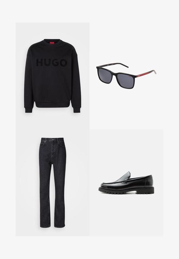 Sort sweatshirt lavet af blødt materiale, med en rund halsudskæring og lange ærmer. Ordet "HUGO" er iøjnefaldende vist i en skinnende sort skrifttype.; Høj talje sorte denim jeans med knap- og lynlåsåbning, for- og baglommer samt lige ben.; Sort læderloafer med chunky gummisål, syet overdel og præget mærkenavn på hælen, vist i sideprofil på hvid baggrund.; Firkantede solbriller med sorte plastikrammer og mørkegrå linser. Har røde detaljer på stængerne, mærket med "HUGO."