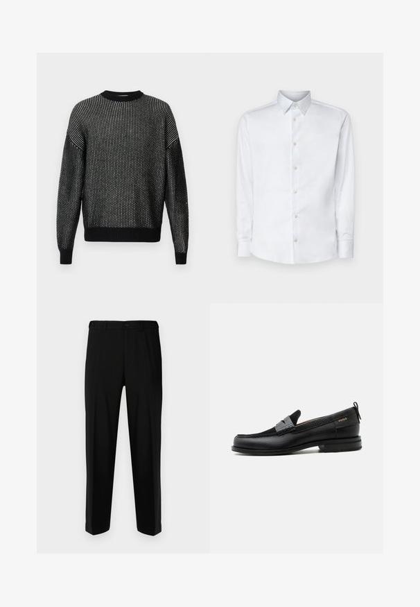 Pull noir en tricot à coupe ample, présentant un motif texturé, un col côtelé, des poignets et un ourlet. Manches longues sans coutures visibles.; Chemise blanche à manches longues en tissu lisse, dotée d'un col classique, d'une patte de boutonnage et de poignets avec boutons, présentée sur un fond uni.; Pantalon noir en tissu lisse, présentant une coupe droite, deux poches avant et une fermeture à glissière avec bouton.; Mocassin en cuir noir avec détail de bride grise, talon bas et semelle texturée, marqué "HUGO" en or sur le côté.