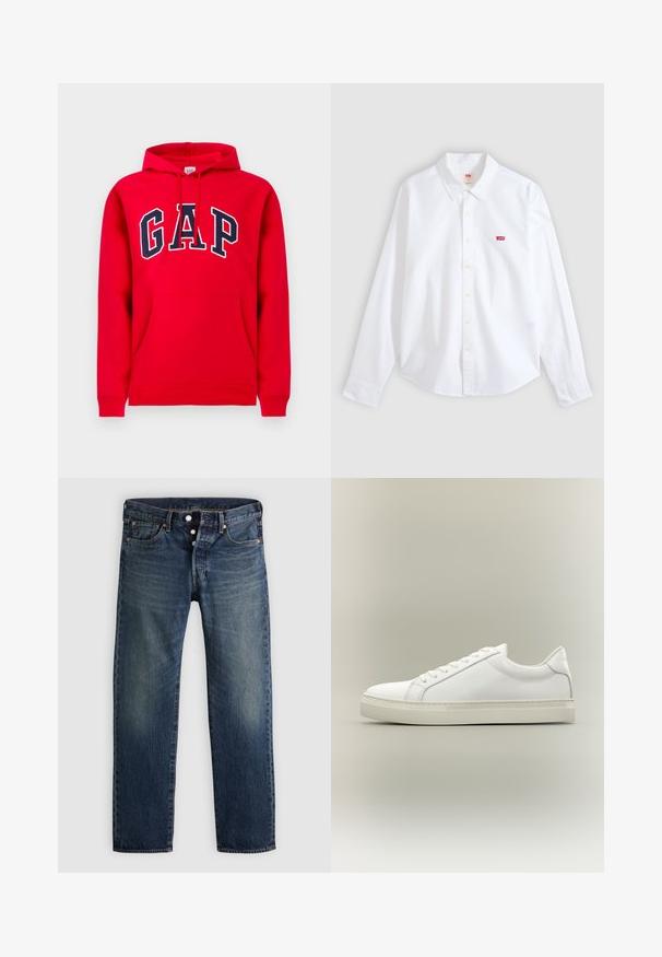 Rode hoodie van katoen, met een voorzak, een capuchon met trekkoord en het "GAP"-logo in marineblauw over de borst.; Witte blouse met lange mouwen, knoopsluiting en kraag, met klein rood Levi's-logo op het linkerborstgedeelte op een neutrale achtergrond.; Klassieke rechte jeans van blauw denim, met vijf zakken, een knoopsluiting en subtiele vervaging, voorzien van koperen klinknagels en stikaccenten.; Witte lage sneaker met veters aan de voorkant en dikke zool, zijaanzicht tegen een neutrale achtergrond.