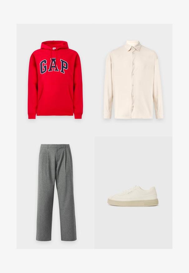 Rød hættetrøje lavet af bomuld, med en frontlomme, snoretræk i hætten og 'GAP' logo i marineblå tværs over brystet.; Langærmet skjorte i lys beige med vertikal ribbet tekstur, klassisk krave og frontlukning med matchende knapper.; Grå, lige ben bukser lavet af tekstureret stof, med plisseringer foran og et almindeligt taljebånd, uden synlige lommer.; Hvide kanvas sneakers med en tekstureret gummisål, der har en syet tåhætte og logoaccent på hælen. Simpel snørebåndsdesign.