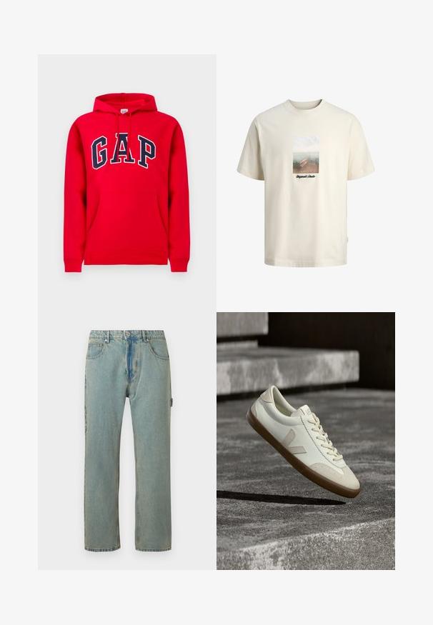 Rode hoodie van katoen, met een voorzak, een capuchon met trekkoord en het "GAP"-logo in marineblauw over de borst.; Crèmekleurig T-shirt met een afbeelding van een houten steiger met uitzicht op rustig water en de tekst "Originals Studio" onder de afbeelding.; Lichtblauwe, loszittende denim jeans met vijf zakken, een knoopsluiting en zichtbare stiksels. De stof heeft een vervaagde, gestructureerde uitstraling.; Witte leren sneakers met een bruine rubberen zool, platte veters en een V-vormig accent aan de zijkant. Ze hebben een glad oppervlak en minimale stikdetails.