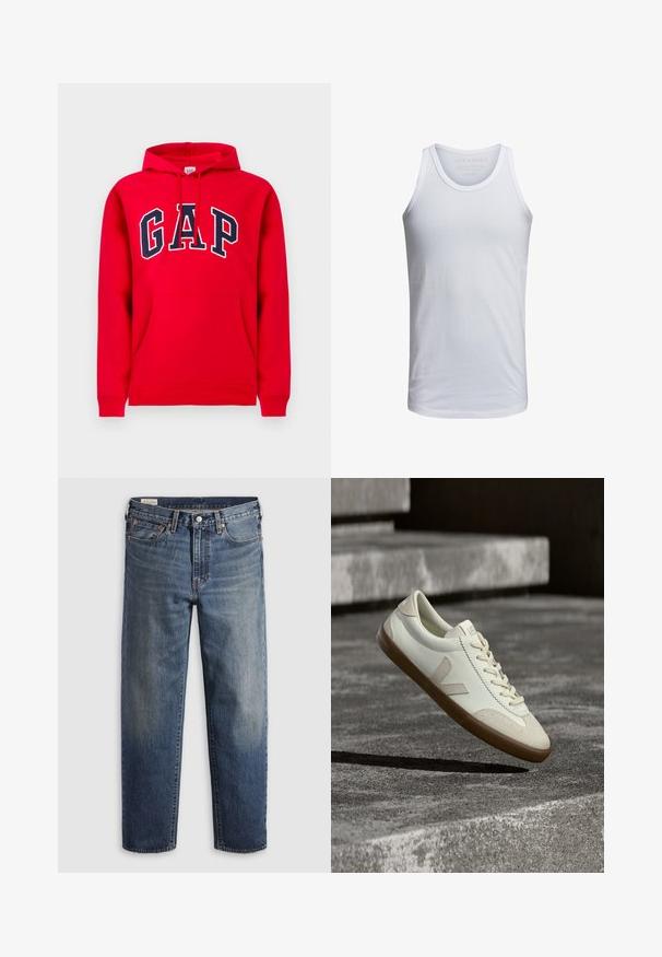 Sweat à capuche rouge en coton, avec une poche avant, une capuche à cordon et le logo "GAP" en bleu marine sur la poitrine.; Débardeur en coton blanc avec un col rond, des bretelles larges et un marquage minimal imprimé à l'intérieur du col. Texture douce, coupe décontractée.; Jean en denim bleu foncé avec une coupe décontractée, jambes droites, design à cinq poches et légère décoloration au niveau des cuisses. Bouton et rivets argentés.; Baskets en cuir blanc avec semelle en caoutchouc beige, lacets plats et accent en forme de V sur le côté. Présentent une surface lisse et peu de détails de couture.