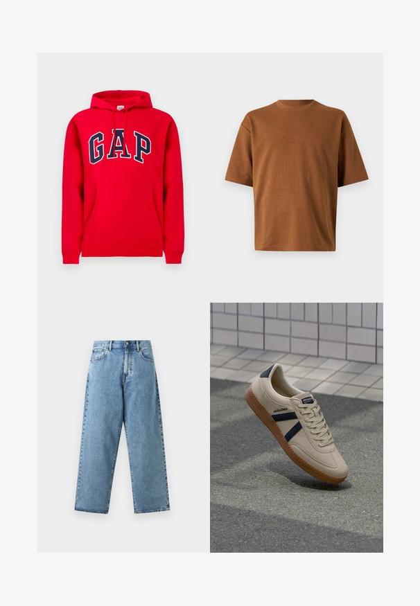 Rode hoodie van katoen, met een voorzak, een capuchon met trekkoord en het "GAP"-logo in marineblauw over de borst.; Bruine t-shirt met korte mouwen en een ronde hals, losse pasvorm en gladde stoftextuur, getoond tegen een effen lichtgrijze achtergrond.; Lichtblauwe spijkerbroek met een hoge taille, brede rechte pijpen, knoopsluiting aan de voorkant, ritssluiting en ontwerp met vijf zakken.; Beige sneaker met een textuurafwerking, marineblauwe strepen en een rubberen zool. Heeft een gevoerde tong en een traditioneel vetersysteem voor een veilige pasvorm.