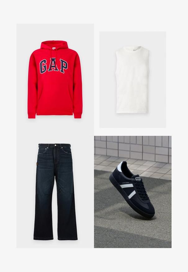 Rode hoodie van katoen, met een voorzak, een capuchon met trekkoord en het "GAP"-logo in marineblauw over de borst.; Wit mouwloos tanktop met een ronde hals en een klein GAP-logo aan de binnenkant van de achterkraag, plat gelegd op een lichte achtergrond.; Donkerblauwe broek met rechte pijpen, klassieke vijf-pocket ontwerp, riemlussen en subtiele vervaging bij de voorkant en knieën.; Zwarte leren sneaker met witte strepen, een gestructureerde rubberen zool en vetersluiting aan de voorkant. Voorzien van een merklabel op de tong.