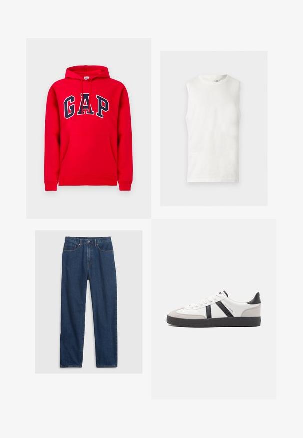 Sweat à capuche rouge en coton, avec une poche avant, une capuche à cordon et le logo "GAP" en bleu marine sur la poitrine.; Débardeur blanc sans manches à col rond avec un petit logo GAP à l'intérieur du col arrière, posé à plat sur un fond clair.; Jean en denim bleu foncé avec une coupe droite, comprenant un design à cinq poches, un bouton supérieur et des rivets en cuivre.; Baskets blanches avec des accents noirs et gris, présentant un embout texturé gris, une semelle en caoutchouc noir et des lacets plats blancs. Design épuré, style minimaliste.