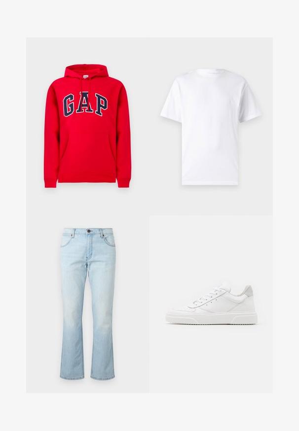 Rode hoodie van katoen, met een voorzak, een capuchon met trekkoord en het "GAP"-logo in marineblauw over de borst.; Witte T-shirt met korte mouwen, gemaakt van katoen, met een ronde hals. Het heeft een gladde textuur en een eenvoudig ontwerp zonder patronen of accenten.; Lichtblauwe spijkerbroek met een mid-rise taille, knoop- en ritssluiting, voorzakken en licht uitlopende pijpen.; Witte leren sneakers met een gladde afwerking, ronde neus, platte veters en een gestructureerde zool. Grijze suède accent bij de hiel.