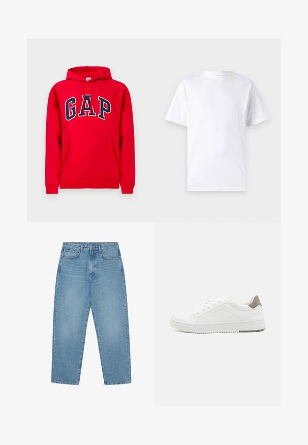 Rode hoodie van katoen, met een voorzak, een capuchon met trekkoord en het "GAP"-logo in marineblauw over de borst.; Witte T-shirt met korte mouwen, gemaakt van katoen, met een ronde hals. Het heeft een gladde textuur en een eenvoudig ontwerp zonder patronen of accenten.; Lichtblauwe denim jeans met een rechte pijp, vijfzakkenontwerp en een licht verweerde look. Voorzien van een knoop- en ritssluiting.; Witte sneaker van glad leer met een ronde neus, minimalistisch ontwerp, grijze hielaccent en een geplaatste rubberen zool.