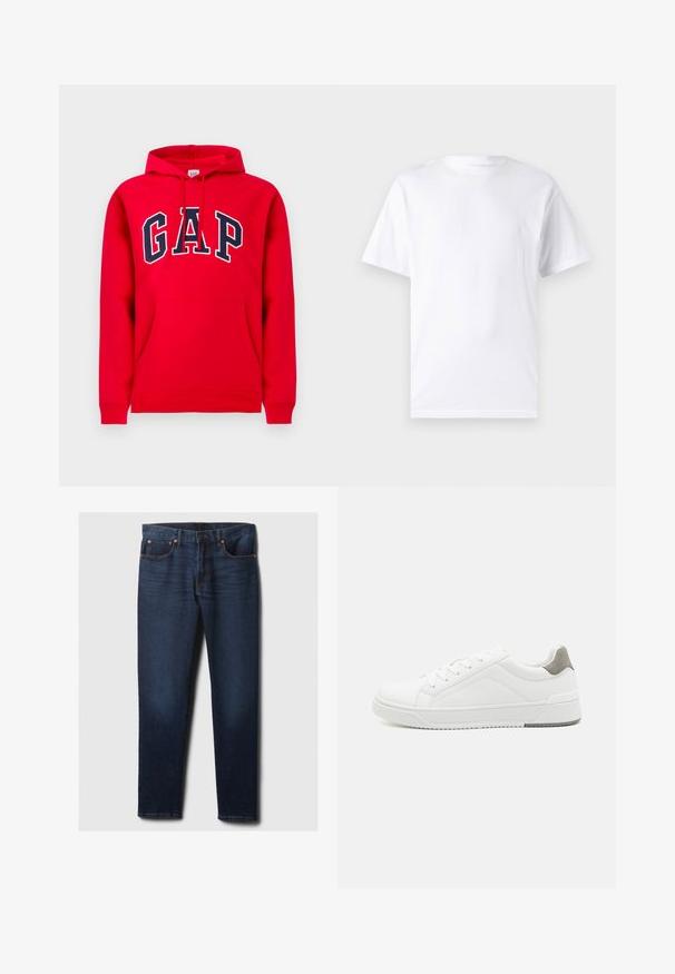 Punane dressipluus, mis on valmistatud puuvillast, eesmiseks taskuks, reguleeritava kapuutsiga ja sinise "GAP" logoga rinnaosal.; Valge lühikeste varrukatega T-paita, mis on valmistatud puuvillast, laheda kaelusega. T-särk on sileda tekstuuri ja lihtsa disainiga, ilma mustrite või aksessuaarideta.; Tumedad sinise kitsasteksitud teksad, millel on veidi kulumist reie esiosas, vasknupud ja klassikaline viie-tasku stiil, laotatud valgele taustale.; Valge tenniseking sileda nahaga, ümar varvas, minimalistlik disain, hall kand, ja tekstureeritud kummist tald.