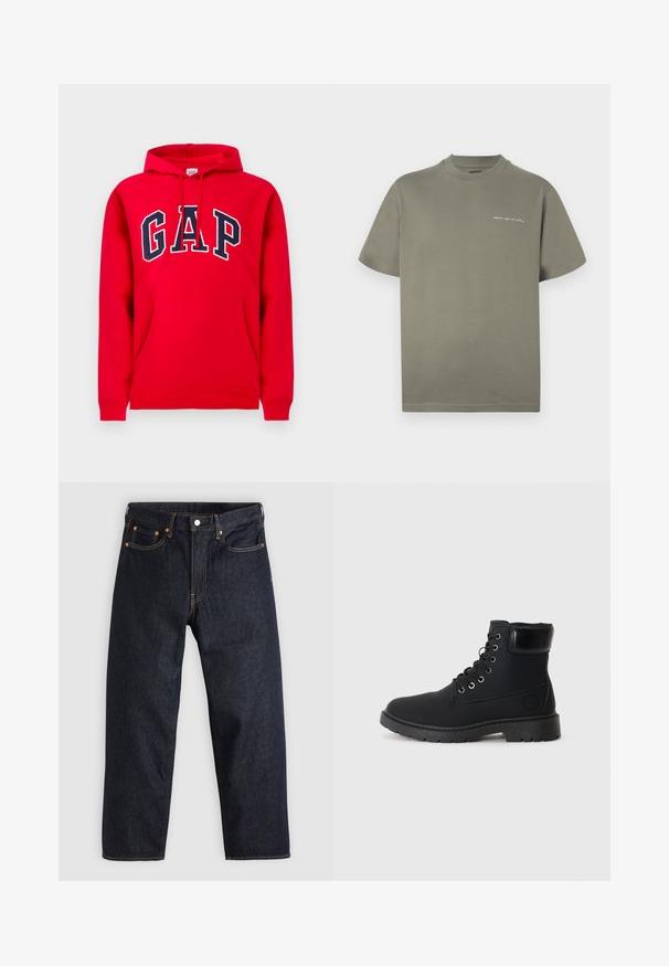Punane dressipluus, mis on valmistatud puuvillast, eesmiseks taskuks, reguleeritava kapuutsiga ja sinise "GAP" logoga rinnaosal.; Oliveheleroheline puuvillane T-särk klassikalise ümara kaelusega, lühikeste varrukatega ja väikese valge tekstiga esiküljel. Lihtne, kaunistusteta disain.; Tumedad sinised teksad sirge lõikega, viie taskuga, kontrastsete oranžide õmblustega ja nööpide kinnitusega. Ilma nähtavate mustrite või kaunistusteta.; Mustad muste kingad, millel on sile viimistlus, metallist silmadega, ümar nina, pehmendatud krae ja tekstureeritud kummist tallad. Lihtne disain külglogo detailiga.