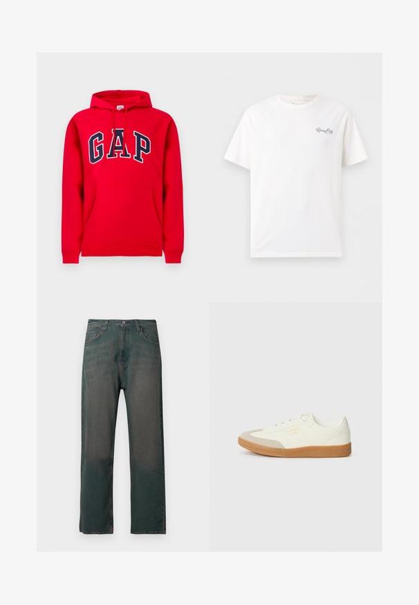 Rød hættetrøje lavet af bomuld, med en frontlomme, snoretræk i hætten og 'GAP' logo i marineblå tværs over brystet.; Hvid T-shirt med korte ærmer og rund halsudskæring med lille sort kursiv tekst "Racing Club Est. 1973" på venstre bryst.; Mørkegrønne denimjeans med lige ben, der har et klassisk design med fem lommer og kontrastsyninger langs sømmene.; Sneaker lavet af hvid læder med en beige tåhætte og let brunt gummisål. Har flade hvide snørebånd og prægede branding på siden.