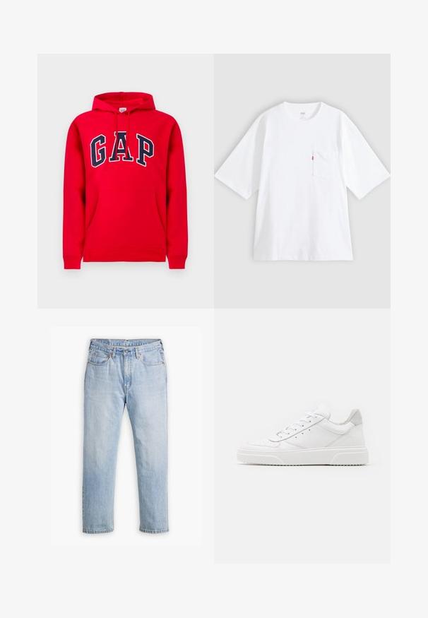 Rød hættetrøje lavet af bomuld, med en frontlomme, snoretræk i hætten og 'GAP' logo i marineblå tværs over brystet.; Hvid bomulds-T-shirt med korte ærmer, rund hals og lomme på venstre bryst. Har en lille rød logoetiket på lommen.; Lysblå denimjeans med lige bendesign, fem lomme stil og kontrastsyet. Knap- og lynlåslukning i taljen.; Hvide lædersneakers med en glat finish, rund tå, flade snørebånd og en struktureret sål. Grå ruskindsdetalje ved hælen.