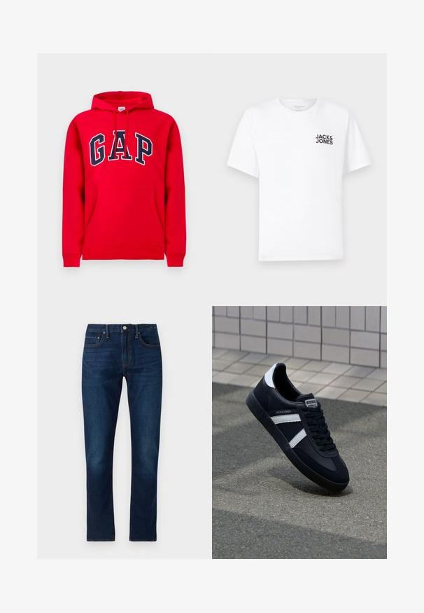 Rode hoodie van katoen, met een voorzak, een capuchon met trekkoord en het "GAP"-logo in marineblauw over de borst.; Witte katoenen t-shirt, korte mouwen, ronde hals. Kenmerkt zich door het zwarte tekstlogo "JACK & JONES" op de linkerkant van de borst. Eenvoudig, strak ontwerp.; Donkerblauwe denim jeans met een rechte pijp. Kenmerken zijn onder andere contrasterende stiksels, vijf zakken en een knoopsluiting aan de voorzijde.; Zwarte leren sneaker met witte strepen, een gestructureerde rubberen zool en vetersluiting aan de voorkant. Voorzien van een merklabel op de tong.