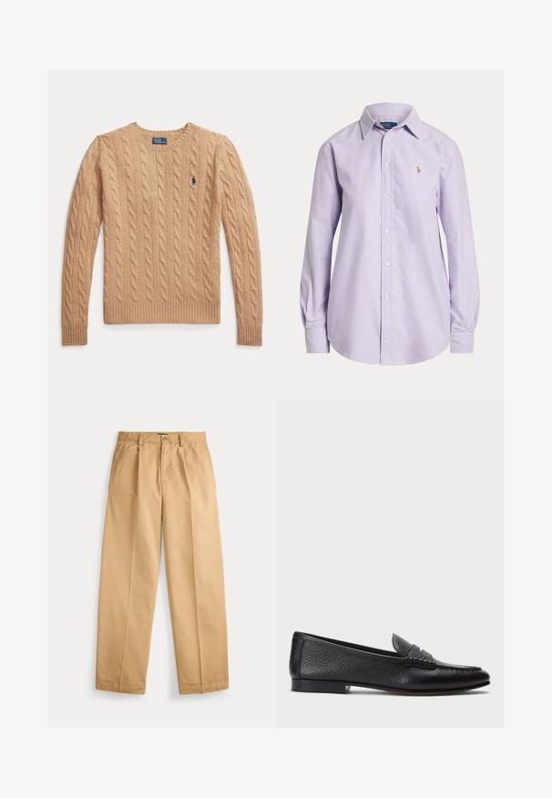 Beige kabelstrikket sweather med lange ærmer og ribstrikkede manchetter, med et lille broderet Polo Ralph Lauren-logo på brystet.; Lyse lilla langærmet skjorte med knapper, krave og lille broderet logo på venstre bryst.; Beige bukser med lige ben, lukning med knap og lynlås, forlommer, bæltestropper og pressede folder ned langs benene.; Sorte læder loafers med struktureret finish, der har en dekorativ rem og flad hæl. Slank, minimalistisk design med rund tå.