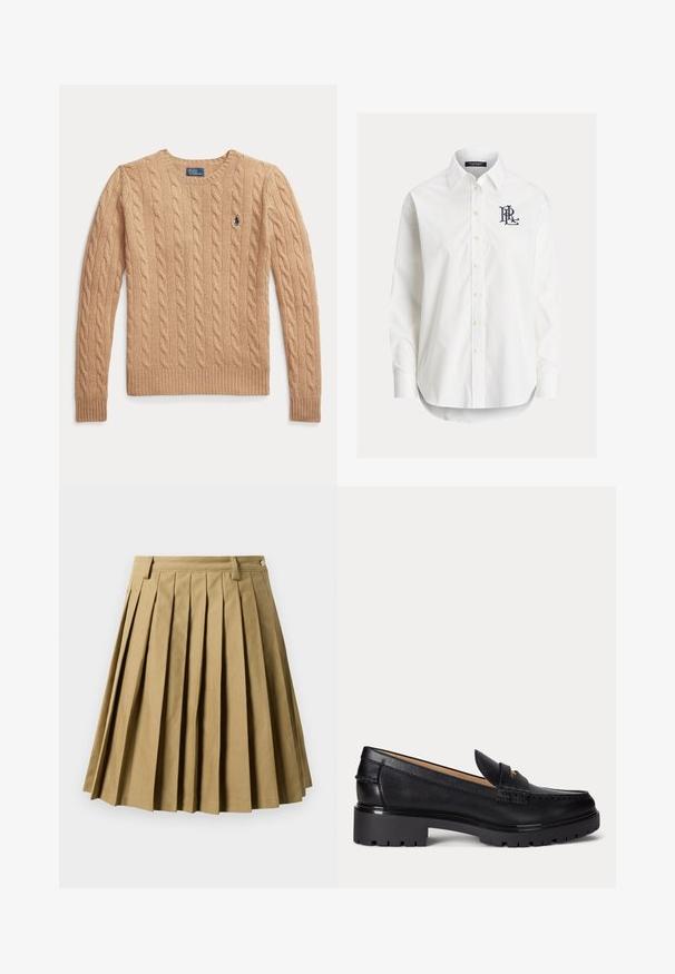 Beige kabelstrikket sweather med lange ærmer og ribstrikkede manchetter, med et lille broderet Polo Ralph Lauren-logo på brystet.; Hvid langærmet skjorte med knapper og spidser krave samt sort broderet logo på venstre bryst.; Khaki plisseret nederdel lavet af bomuldsblanding, med en tætsiddende talje med bæltesløjfer og en udvidet silhuet, der slutter over knæet.; Sort læderloafer med grov rillede såler, lav hæl og dekorativ rem over fronten.