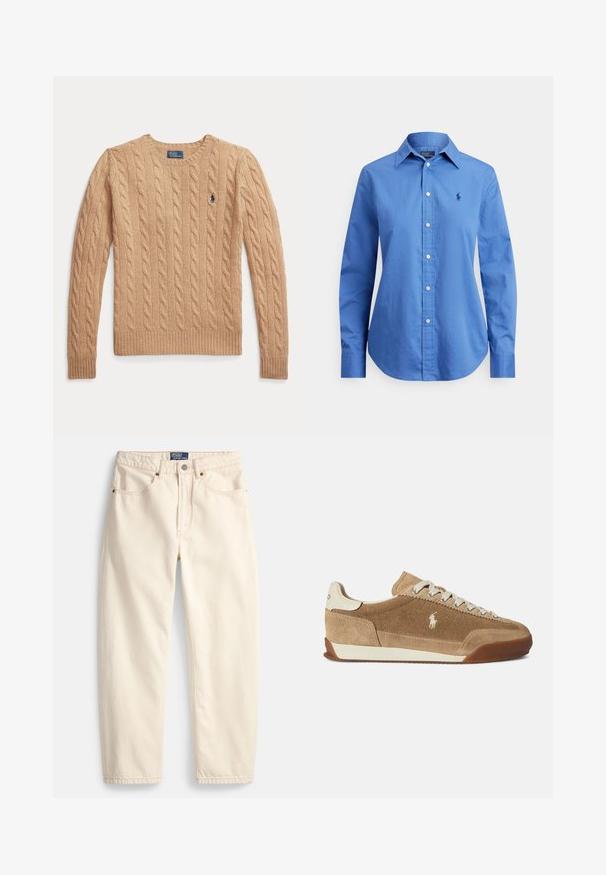 Beige kabelstrikket sweather med lange ærmer og ribstrikkede manchetter, med et lille broderet Polo Ralph Lauren-logo på brystet.; Blå langærmet skjorte med knapper og spids krave samt lille broderet logo på venstre bryst, vist på hvid baggrund.; Jeans i cremefarve lavet af denim med lige ben, forlommer og detaljer med overlock-syning. Lukning med metalknap og lynlås.; Lysebrune ruskindsneakers med lav profil, cremefarvede detaljer, snørelukning og gummiydersål. Har en lille logo på siden.