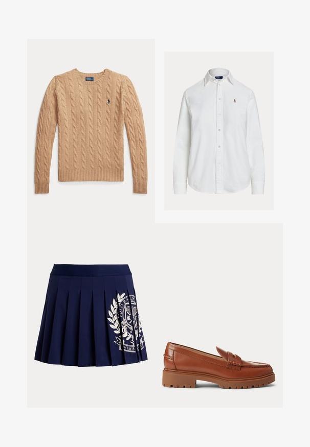 Beige kabelgebreide trui met lange mouwen en geribbelde boorden, met een klein geborduurd Polo Ralph Lauren-logo op de borst.; Wit overhemd met lange mouwen, knoopsluiting en kraag en een klein geborduurd logo op de linkerborst, weergegeven op een effen achtergrond.; Marineblauwe geplooide rok met brede tailleband en wit tennis-thema wapenlogo aan de rechteronderkant.; Bruine leren loafer met dikke rubberen zool en lage hak, met een gestikte riemdetail aan de bovenkant.