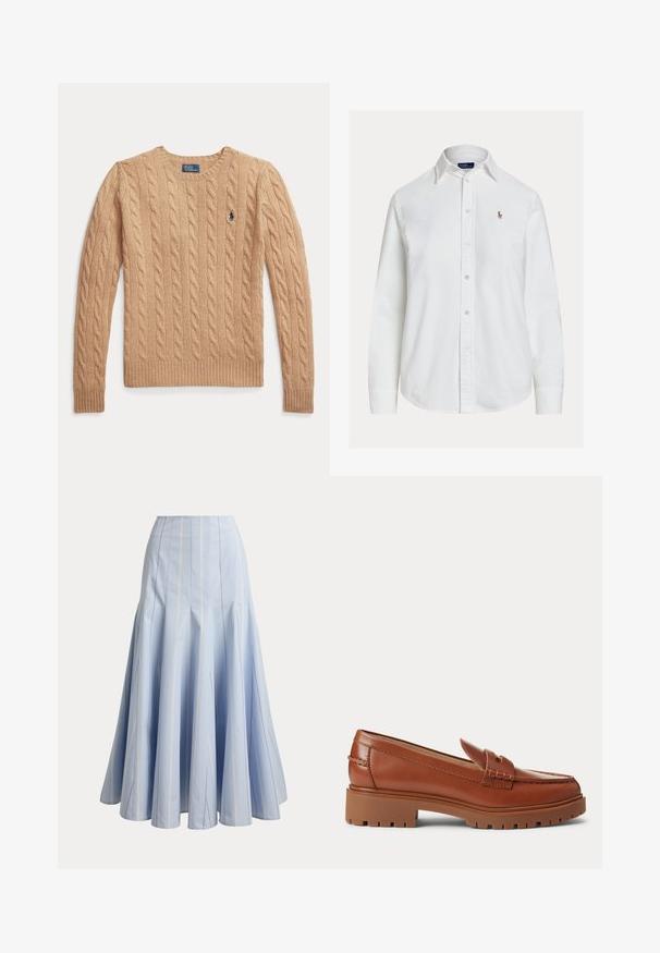 Beige kabelstrikket sweather med lange ærmer og ribstrikkede manchetter, med et lille broderet Polo Ralph Lauren-logo på brystet.; Hvid langærmet skjorte med knapper og krave samt lille broderet logo på venstre bryst, vist på ensfarvet baggrund.; Lyseblå lang nederdel med lodrette hvide nålestriber og udvidede paneldetaljer, vist på en ensfarvet baggrund.; Brune læder loafers med kraftig gummisål og lav hæl, med en syning detalje over toppen.