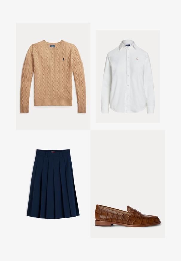 Béžový sveter s vrkočovým vzorom s dlhými rukávmi a rebrovanými manžetami, s malým vyšívaným logom Polo Ralph Lauren na hrudi.; Biela košeľa s dlhými rukávmi na gombíky, golierom a malým vyšívaným logom na ľavej strane hrude, zobrazená na jednoduchom pozadí.; Tmavomodrá plisovaná sukňa s opaskovými očkami a malou červeno-bielo-modrou logo menovkou v páse, zobrazená na bielom pozadí.; Hnedý kožený mokasín s krokodílim vzorom, nízkym dreveným podpätkom a remienkom na vrchu, zobrazený na jednoduchom pozadí.