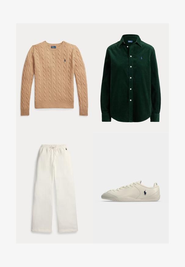 Béžový sveter s vrkočovým vzorom s dlhými rukávmi a rebrovanými manžetami, s malým vyšívaným logom Polo Ralph Lauren na hrudi.; Tmavozelená kordová košeľa s dlhým rukávom, golierom a bielymi gombíkmi, s malým vyšívaným modrým logom na ľavej strane hrudníka.; Biele široké tepláky s elastickým pásom, šnúrkou, bočnými vreckami a malým námorníckym logom pri pravom vrecku.; Nízky tenisky z krémovej kože s šnurovaním vpredu, textúrovanou podrážkou a čiernym logom hráča Polo na boku.