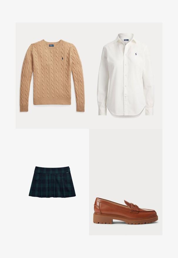 Beige kabelstrikket sweather med lange ærmer og ribstrikkede manchetter, med et lille broderet Polo Ralph Lauren-logo på brystet.; Hvid langærmet skjorte med knapper, krave og lille blåt logo af en polospiller på venstre bryst.; Rynket nederdel med tern i mørkegrøn og marineblå med en glat talje og logo-accent. Har et klassisk, lagdelt rynkedesign.; Brune læder loafers med en moccasin-foddesign, synlig syning og en kraftig, tekstureret gummisål. Hardware i guldfarve som accent.