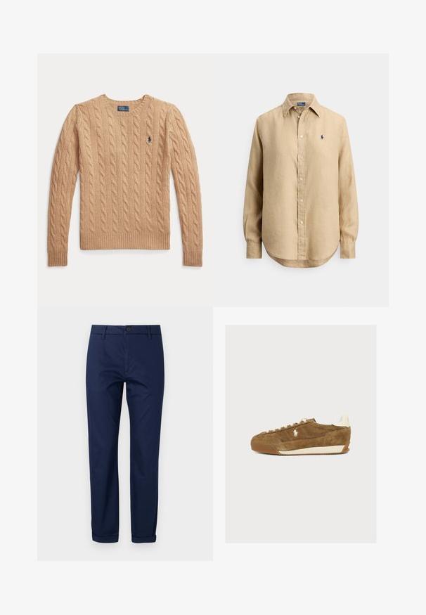 Beige kabelstrikket sweather med lange ærmer og ribstrikkede manchetter, med et lille broderet Polo Ralph Lauren-logo på brystet.; Beige langærmet skjorte med knapper, spids krave og lille marineblåt broderet logo på venstre bryst.; Marineblå bomulds-chinos med flad front, metalknaplukning, sidelommer og opsmøgede sømme. Glat tekstur og skræddersyet design.; Brun ruskindssneaker med hvide snørebånd, gummisål og hvidt logo på siden, vist mod en ensartet lys baggrund.