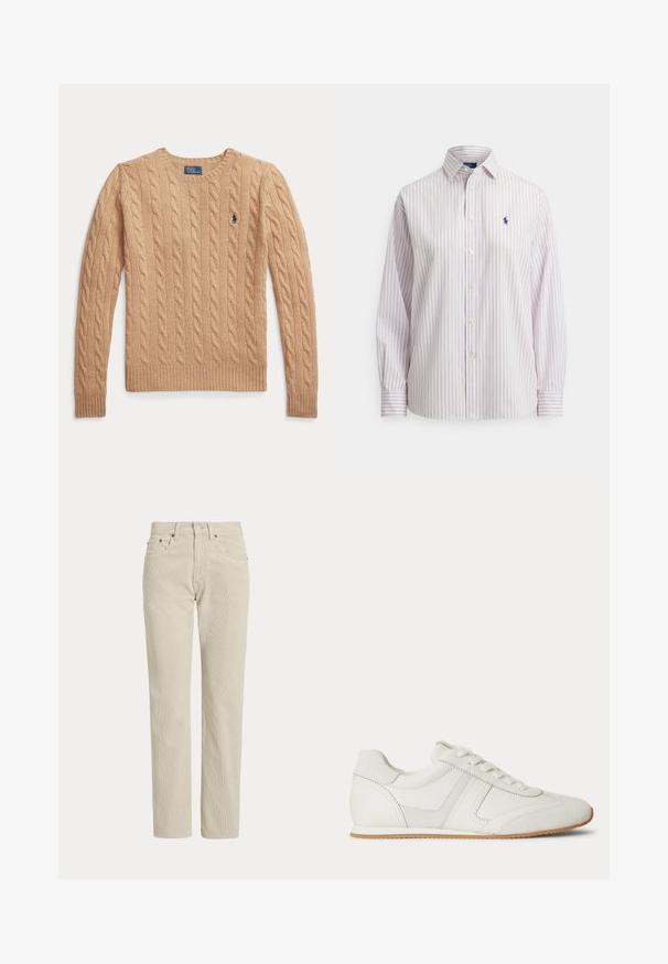Beige kabelstrikket sweather med lange ærmer og ribstrikkede manchetter, med et lille broderet Polo Ralph Lauren-logo på brystet.; Langærmet skjorte med knapper, tynde lodrette striber i rød og blå, spids krave og lille marineblåt broderet hestelogo på brystet.; Beige, lige-benede fløjlsbukser med bæltestropper, frontknap, lynlås og frontlommer.; Hvid lavtop sneaker med snørelukning foran, ruskind- og læderpaneler og en lysebrun gummisål på en hvid baggrund.