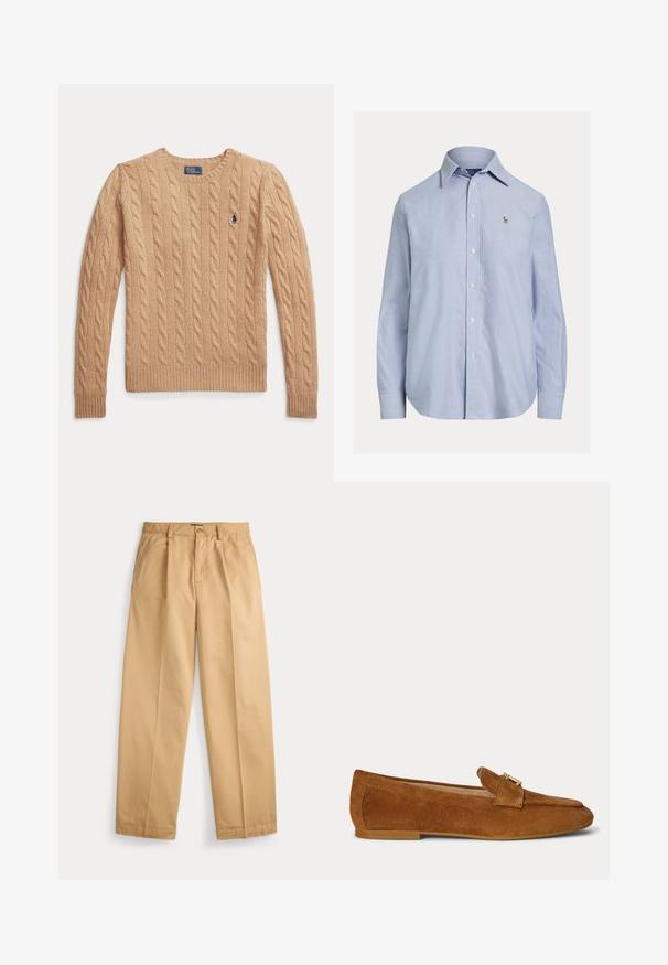 Béžový sveter s vrkočovým vzorom s dlhými rukávmi a rebrovanými manžetami, s malým vyšívaným logom Polo Ralph Lauren na hrudi.; Svetlomodrá košeľa s dlhým rukávom na gombíky, so špicatým golierom a malým vyšitým logom na ľavej strane hrude.; Béžové nohavice s rovným strihom, zapínaním na gombík a zips, prednými vreckami, pútkami na opasok a vyžehlenými skladmi na nohaviciach.; Hnedý semišový mokasín s detailom zlatej kovovej pracky na vrchu a nízkou podpätkovou podrážkou.