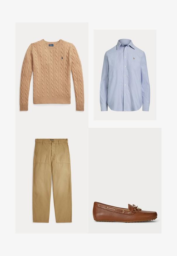 Béžový sveter s vrkočovým vzorom s dlhými rukávmi a rebrovanými manžetami, s malým vyšívaným logom Polo Ralph Lauren na hrudi.; Svetlomodrá košeľa s dlhým rukávom na gombíky, so špicatým golierom a malým vyšitým logom na ľavej strane hrude.; Béžové nohavice s rovnými nohavicami, prednými našitými vreckami, pútkami na opasok a zapínaním na gombík a zips.; Hnedá kožená mokasínová obuv s šnurovacími akcentmi a zlatými okami, vybavená zaoblenou špičkou a gumovou podrážkou s malými vzorkami pre lepšiu priľnavosť.