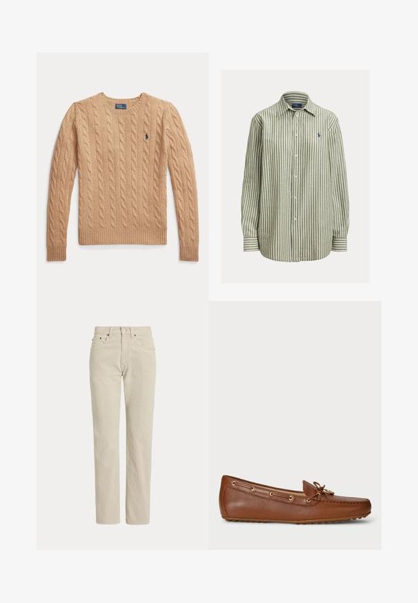 Béžový sveter s vrkočovým vzorom s dlhými rukávmi a rebrovanými manžetami, s malým vyšívaným logom Polo Ralph Lauren na hrudi.; Zeleno-biela pruhovaná košeľa na gombíky, bavlnená látka, dlhé rukávy, klasický golier, na ľavej strane na hrudi je logo v námorníckej modrej, jednoduché manžety.; Béžové nohavice z manšestru so vzpriamenými nohavicami, pútkami na opasok, predným gombíkom, zipsom a prednými vreckami.; Hnedá kožená mokasínová obuv s šnurovacími akcentmi a zlatými okami, vybavená zaoblenou špičkou a gumovou podrážkou s malými vzorkami pre lepšiu priľnavosť.