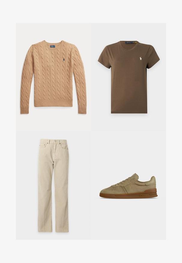 Beige kabelgebreide trui met lange mouwen en geribbelde boorden, met een klein geborduurd Polo Ralph Lauren-logo op de borst.; Bruin katoenen T-shirt met een klassieke ronde hals, korte mouwen en een klein wit logo op de borst. Soepele textuur, normale pasvorm.; Beige corduroy broek met rechte pijpen, voorzakken, riemlussen en een knoopsluiting, weergegeven op een effen achtergrond.; Beige lage Polo sneaker met veters aan de voorkant, een gestructureerd leren bovenwerk en een bruine rubberen zool met Polo-logo aan de zijkant.