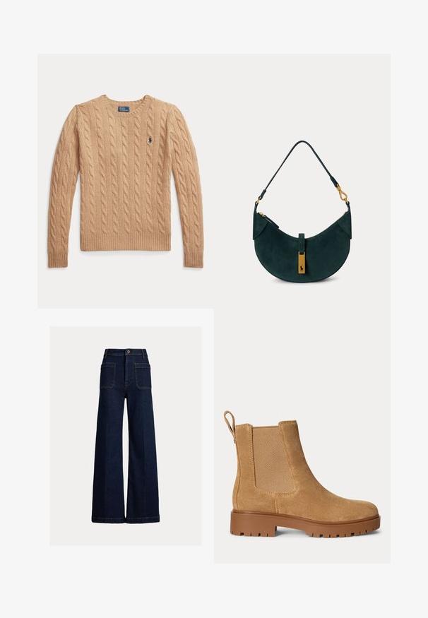 Beige kabelstrikket sweather med lange ærmer og ribstrikkede manchetter, med et lille broderet Polo Ralph Lauren-logo på brystet.; Mørkeblå vidde cowboybukser med forlommer, bæltestropper og knaplukning på en enkel lys baggrund.; Tan ruskind Chelsea-støvle med elastiske sidepaneler, trækstrop bagpå og tyk brun gummisål med slidmønster.; Mørkegrøn ruskind skuldertaske med buet form, guldtonet hardware og en kort rem med låsedetaljer.