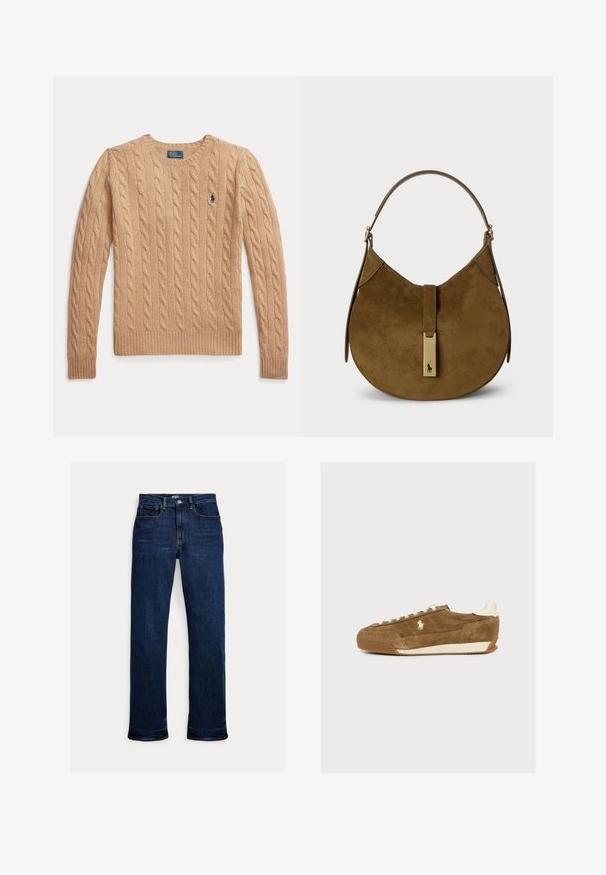Beige kabelstrikket sweather med lange ærmer og ribstrikkede manchetter, med et lille broderet Polo Ralph Lauren-logo på brystet.; Mørkeblå straight-leg jeans med frontknap og lynlås, fem-lomme design og synlige syninger.; Brun ruskind sneaker med hvide snørebånd, hvidt logo på siden og hvid hælkappe, vist i profil på en ensartet baggrund.; Ruskindetaske i mørkebrun med en buet silhuet. Har en top-håndtag og et metallic logo-accents på frontlukningen.