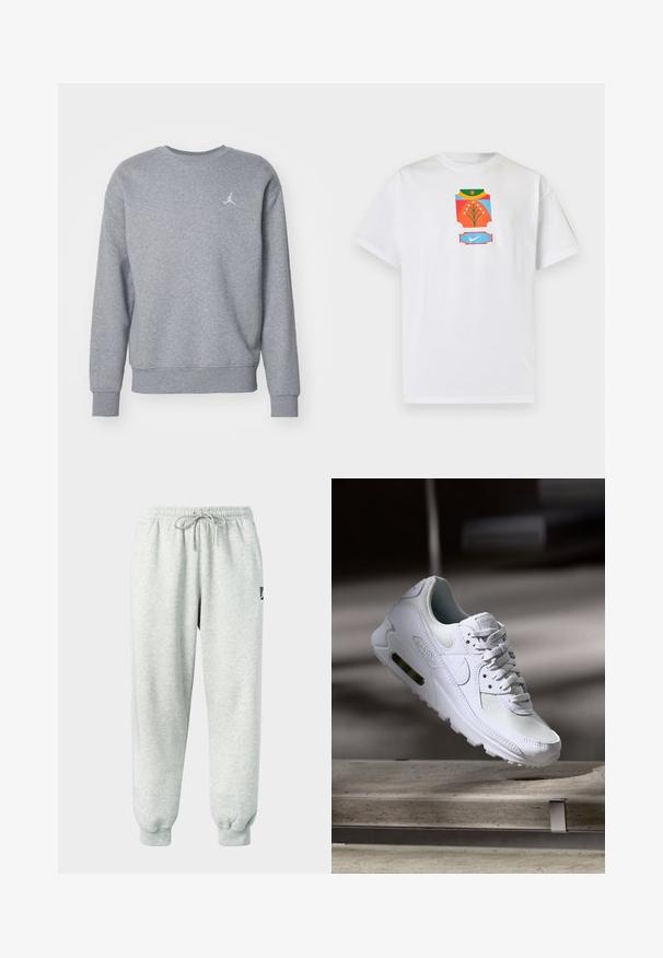 Sweatshirt en coton gris avec un col rond, des manches longues et des poignets côtelés. Présente un logo brodé blanc sur la poitrine gauche.; T-shirt blanc à manches courtes avec un motif abstrait coloré comprenant une fleur et un logo Nike bleu sur la poitrine.; Pantalon de survêtement gris clair en matériau doux avec taille élastique, cordon de serrage et poignets côtelés ; présente un petit logo sur le côté.; Sneaker Nike Air Max 90 blanche avec une tige en mesh et cuir, une boîte à orteils perforée et une unité air visible au talon.
