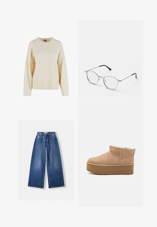 Pull en crème en tissu doux, avec un ourlet et des poignets côtelés, un col rond et une coupe décontractée avec des épaules tombantes.; Jeans en denim bleu à jambes larges avec poches avant, passants de ceinture et fermeture par bouton, posés à plat sur un fond clair.; Bottines en suede beige avec un intérieur moelleux, dotées d'une semelle compensée et d'une languette à l'arrière pour un enfilage facile. Semelle extérieure en caoutchouc texturé.; Lunettes en métal argenté avec des verres ronds et une fine monture. Les embouts de branches noirs offrent un contraste. Plaquettes de nez ajustables incluses.