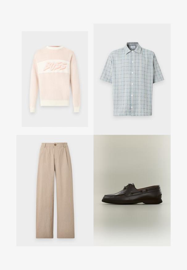 Pull en maille rose clair à manches longues avec poignets, ourlet et col côtelés, présentant le mot « BUZZ » sur la poitrine en police stylisée.; Chemise à manches courtes à boutons avec un motif à carreaux bleu et blanc, col évasé et boutons blancs sur le devant.; Pantalons beige à large jambe avec une finition texturée, dotés de plis et d'une taille élastique, fixés par un bouton en bronze à l'avant.; Chaussure bateau en cuir marron foncé avec détails de lacets et semelle en caoutchouc, vue de profil sur un fond neutre.