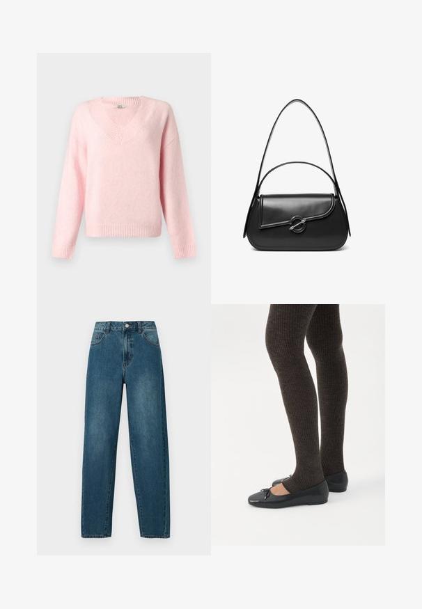 Pull en maille rose pâle à col en V et manches longues, avec poignets, ourlet et encolure côtelés, présenté sur un fond clair uni.; Jean en denim bleu foncé avec une coupe décontractée, design à cinq poches et détails de couture visibles. Le tissu est texturé et légèrement délavé.; Jambes portant des leggings côtelés foncés associés à des ballerines noires avec de petits détails en nœud sur fond blanc.; Sac à bandoulière en cuir noir avec un rabat incurvé fermé par un fermoir métallique rond et une sangle fine et ajustable.